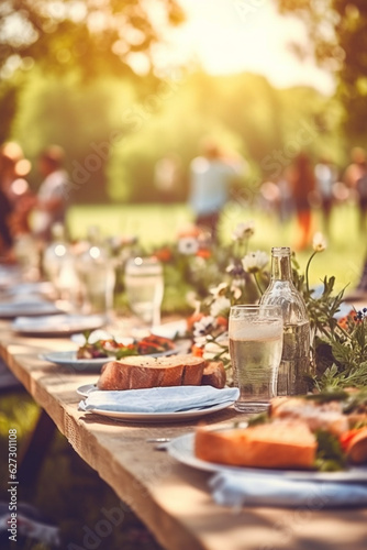 Joyful Gathering  People Enjoying a Festive Outdoor Summer Party with Lavishly Set Tables - AI generated