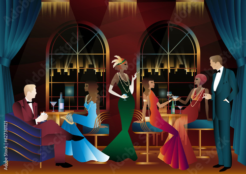 Men and women in a restaurant drinking cocktails. art deco party