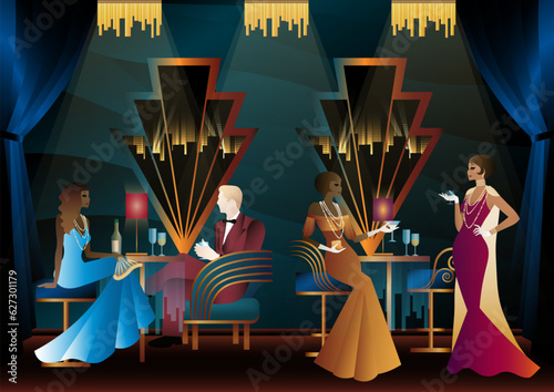 Men and women in a restaurant drinking cocktails. art deco party