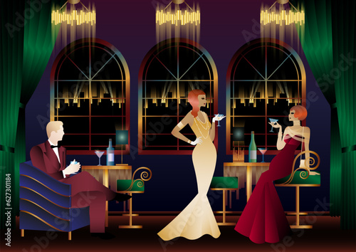 Men and women in a restaurant drinking cocktails. art deco party