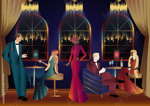 Men and women in a restaurant drinking cocktails. art deco party