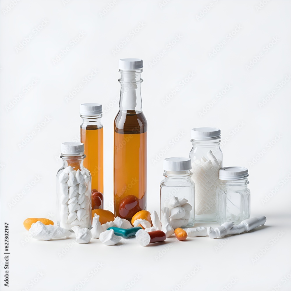 The image features a white table with several medicine bottles of varying sizes and shapes. The bottles are filled with different types of pills and white powder. Some of the bottles have white caps, The image features a white table with several medicine bottles of varying sizes and shapes. The bottles are filled with different types of pills and white powder. Some of the bottles have white caps,