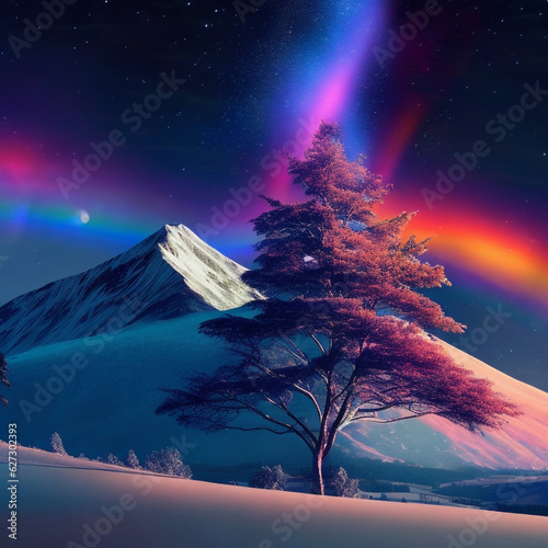 An abstract digital painting of a snow-capped mountain with a rainbow-hued tree in the foreground, surrounded by a starry night sky. Generative AI