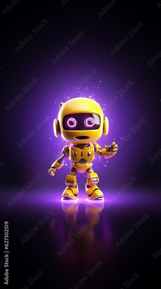 Positive cute smiling robot of yellow color at a spacefull background,vertical photo,copy space.Generated by AI. Positive cute smiling robot of yellow color at a spacefull background,vertical photo,copy space.Generated by AI.