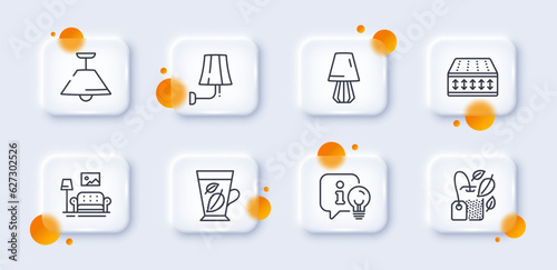 Mint leaves, Lamp and Flexible mattress line icons pack. 3d glass buttons with blurred circles. Mint bag, Furniture, Ceiling lamp web icon. For web app, printing. Vector