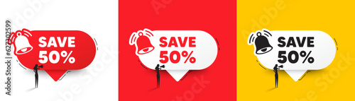 Save 50 percent off tag. Speech bubbles with bell and woman silhouette. Sale Discount offer price sign. Special offer symbol. Discount chat speech message. Woman with megaphone. Vector