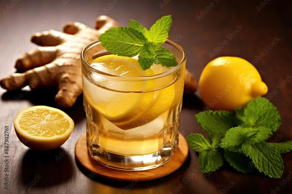 Fototapeta premium lemon and ginger tea with peppermint leaves, Generative AI