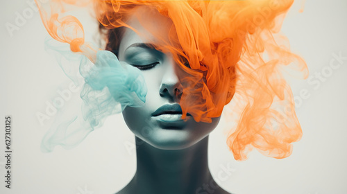 Black and white image of a women posing with colored light, in the style of shwedoff, orange and cyan, mesmerizing optical illusions, distinctive noses, relatable personality, AI Generative photo