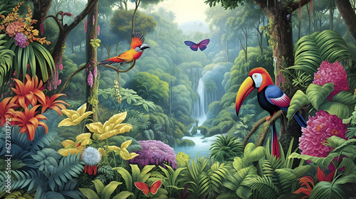 Illustration of a tropical rain forest with toucans. Generative AI.