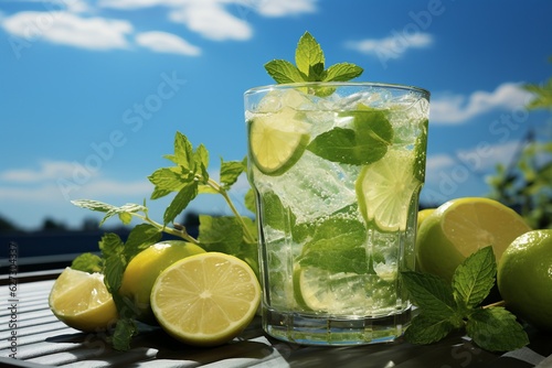 Fresh drink with green Calamansi and mint, cold summer green Calamansiade, healthy mocktail. Sunny day shadows on blue sky background. created generative ai.