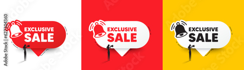 Exclusive Sale tag. Speech bubbles with bell and woman silhouette. Special offer price sign. Advertising Discounts symbol. Exclusive sale chat speech message. Woman with megaphone. Vector