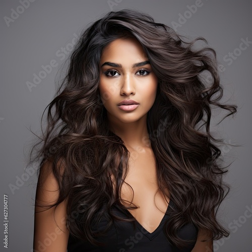 beautiful young indian woman with beautiful long curly hair isolated background generative ai 