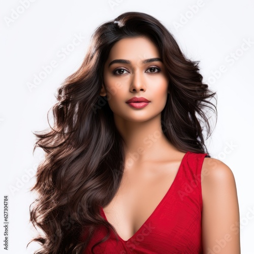 beautiful young indian woman with beautiful long curly hair isolated background generative ai 