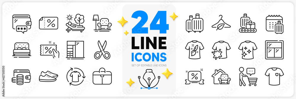 Icons set of Buyer think, Baggage calendar and Armchair line icons pack for app with Cupboard, Discount coupon, Wallet money thin outline icon. Wallet, Lounger, Window pictogram. Baggage. Vector