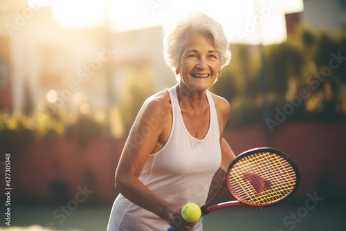 old woman playing tennis, summer vacation, active life in retirement. Generative AI