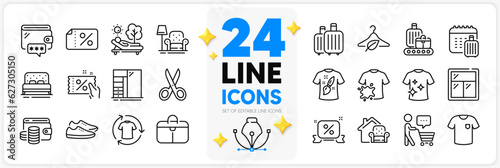 Icons set of Buyer think, Baggage calendar and Armchair line icons pack for app with Cupboard, Discount coupon, Wallet money thin outline icon. Wallet, Lounger, Window pictogram. Baggage. Vector