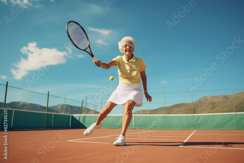 old woman playing tennis, summer vacation, active life in retirement. Generative AI