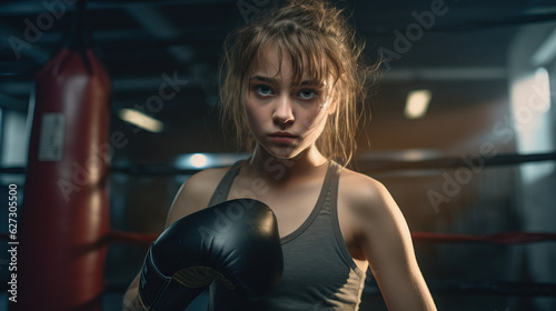 Young Girl With Boxing Gloves in Indoor Gym. Sweaty Practicing and Training for a Fight. Punching Bag. Concept of Determination, Fighter, Boxer, Workout, and Train. © Lila Patel