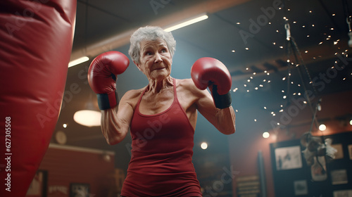 Retired Senior Grandmother Older Woman With Boxing Gloves in Indoor Gym. Sweaty Practicing and Training for a Fight. Punching Bag. Concept of Determination, Fighter, Boxer, Workout, and Train.