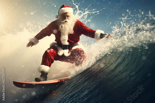 Santa clause surfing the wave on a surfboard, in commercial imagery, Christmas,