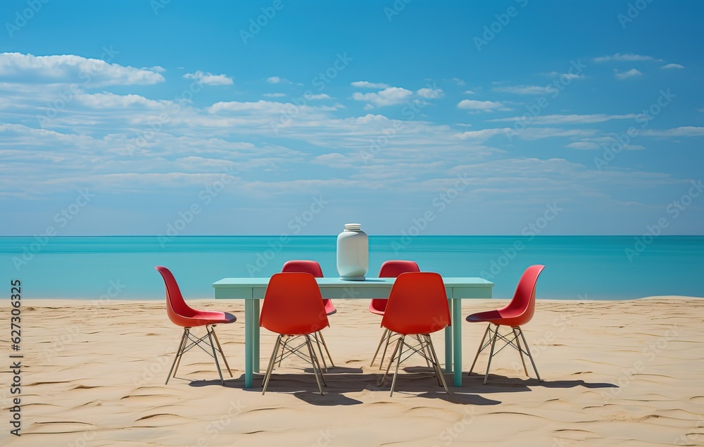 office meeting furniture in the middle of the beach, generative ai