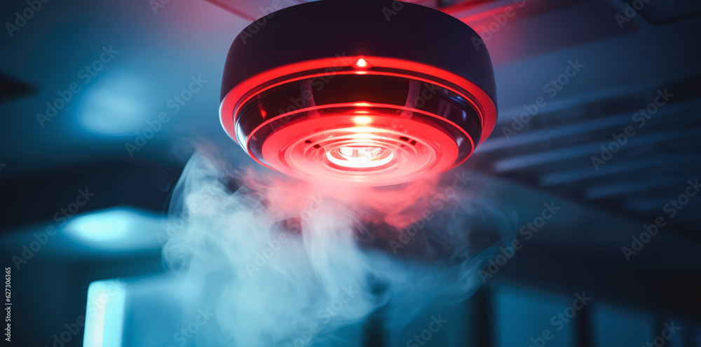 A red smoke detector mounted on the ceiling, a crucial safety and security device that sounds an alarm in case of fire, ensuring immediate attention to potential danger