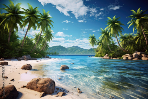 3D Digital Art Tropical Island, Palm Trees, Beach, Vacation, Caribbean, Ocean