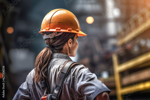 A young woman worker wearing a protective helmet and safety gear on a construction site. Feminity and labour equality concept.