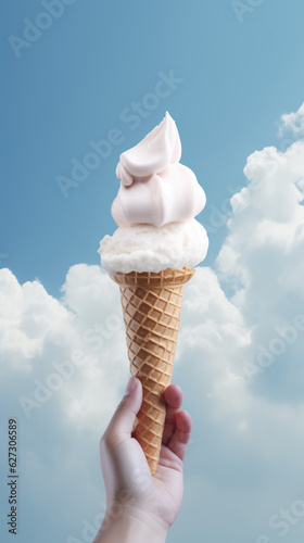 Hand holding up ice cream cone with white clouds in sky, in the style of smokey background, govaert flinck, the snapshot aesthetic, cloudy, charismatic AI Generative