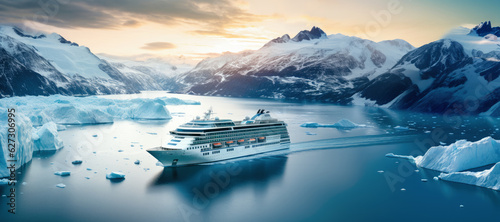 Cruise ship in majestic north seascape with ice glaciers in Canada or Antarctica.