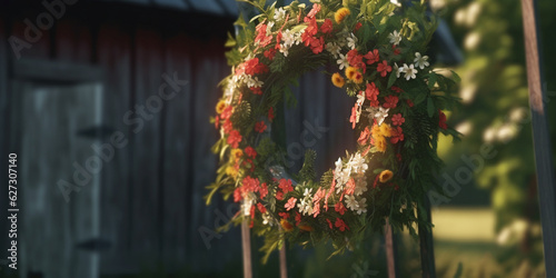 A Charming Traditional Swedish Midsommer Wreath Adorns a Wooden Door - AI generated photo