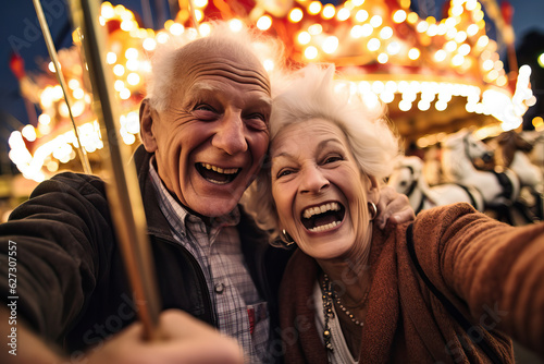 Happy elderly couple selfie in amusement park © Nick Alias