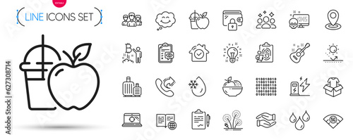 Pack of Smile, Guitar and Clipboard line icons. Include Helping hand, Seo laptop, Freezing water pictogram icons. Internet book, Charging station, Binary code signs. Teamwork. Vector