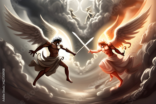 Leinwand Poster a scene where angels and demons are fighting in heaven