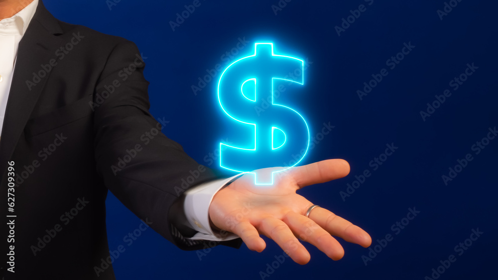 Businessman showing glowing neon line of american currency dollar sign icon. Money, profit, investment, growth business, economy, finance and success concept. Businessman showing glowing neon line of american currency dollar sign icon. Money, profit, investment, growth business, economy, finance and success concept.