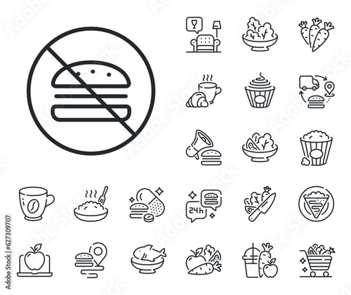 Fast food sign. Crepe, sweet popcorn and salad outline icons. No burger line icon. Cheeseburger symbol. No burger line sign. Pasta spaghetti, fresh juice icon. Supply chain. Vector