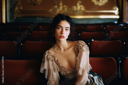 portrait of a woman/model/book character sitting in a cinema/theatre surrounded by velvet seats in in a fashion/beauty editorial magazine style film photography look - generative ai art © MaryAnn