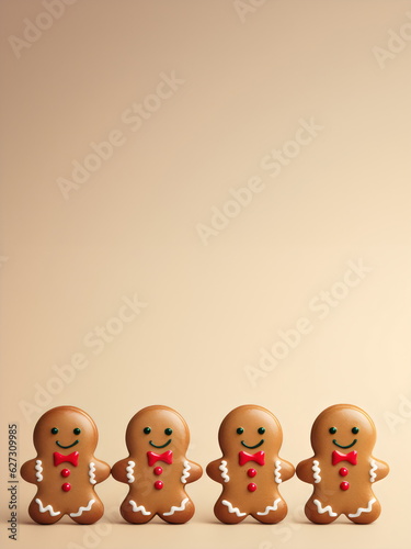 christmas gingerbread men row with copy space template isolated on plain orange studio background