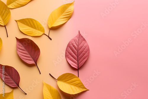 Autumn background with few surrealistic leaves. Copy space. Pastel pink and yellow. Minimal composition