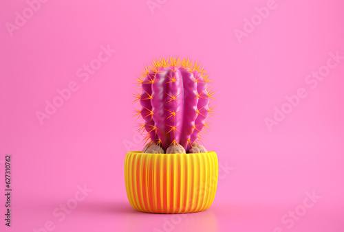 Pink cactus against on a pink background. Pink and yellow. Minimal yellow pink composition.