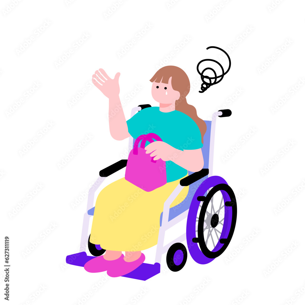車椅子に座る困った表情の若い女性のポップなイラスト
