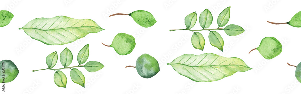 Seamless border green leaves trees and branches, foliage of natural branches, green leaves, herbs, tropical plants hand drawn watercolor on white background. Seamless border green leaves trees and branches, foliage of natural branches, green leaves, herbs, tropical plants hand drawn watercolor on white background.