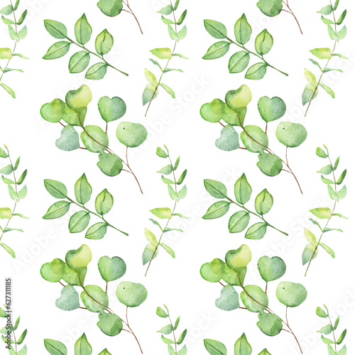 Seamless pattern green leaves trees and branches  foliage of natural branches  green leaves  herbs  tropical plants hand drawn watercolor on white background.