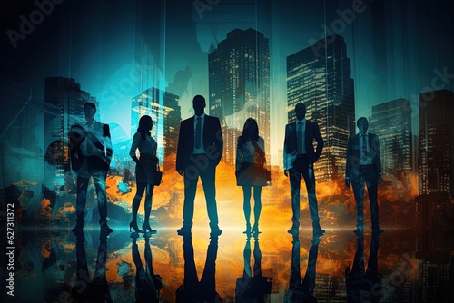 Silhouettes of business people standing in front of the city background.Generative Ai