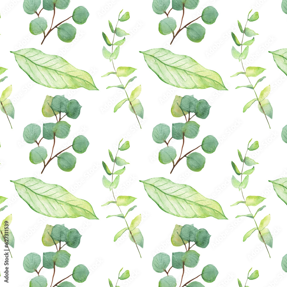 Seamless pattern green leaves trees and branches, foliage of natural branches, green leaves, herbs, tropical plants hand drawn watercolor on white background.