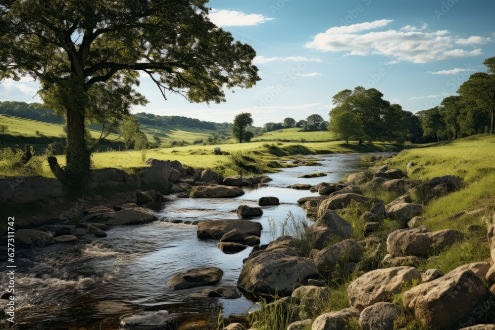 Peaceful River Flowing Through a Rural Area, Generative AI