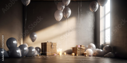 Interior of living room  apartment decorated balloons lights  confetti. Mysterious magical   inematic effect. Celebration  holidays  anniversary. Vintage background for birthday party.Generative Ai