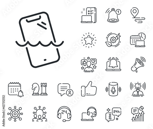 Phone sign. Place location, technology and smart speaker outline icons. Smartphone waterproof line icon. Mobile device symbol. Smartphone waterproof line sign. Vector