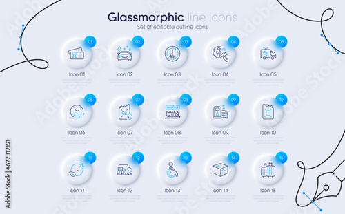 Set of Office box, Delivery truck and Charging time line icons for web app. Car service, Car wash, Shuttle bus icons. Canister oil, Disability, Search flight signs. Baggage. Vector