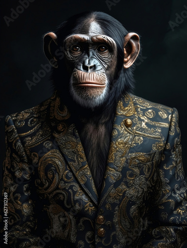 A character portrait of a Chimpanzee dressed in an elegant and formal business suit anthropomorphic businessman.